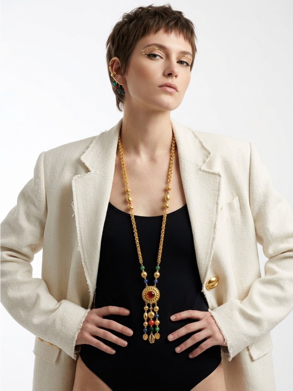 Vintage 90s Alfred Sung Gold Semi-Precious Long Statement Pendant Necklace